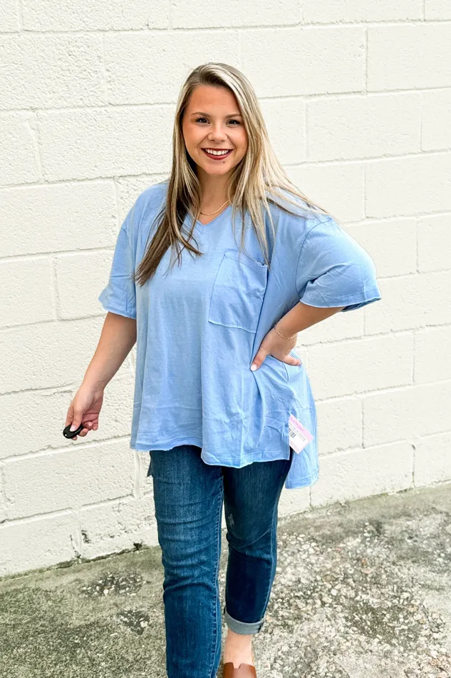 DEAL Shirley Vneck Top Spring Blue Zenana Earrings
