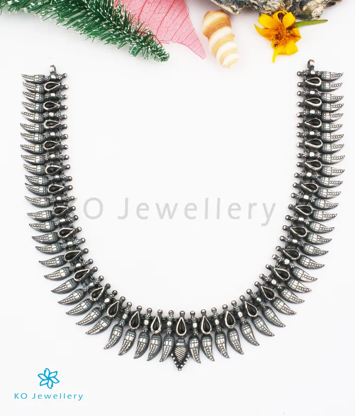 Silversmith Necklaces The Malligai Arumbumalai Antique Silver NecklaceJhumkasBlue