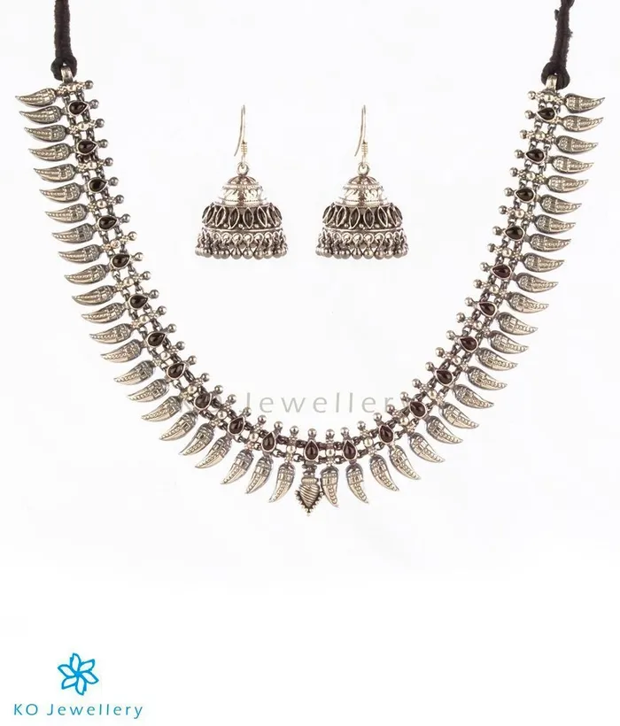 Silversmith Necklaces The Malligai Arumbumalai Antique Silver NecklaceJhumkasBlue