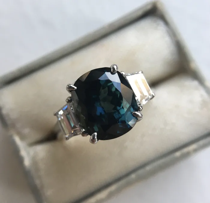 Anueva Jewelry Rings 441ct Teal Crown Jubilee Cut Cushion Sapphire and Diamond Three Stone Ring