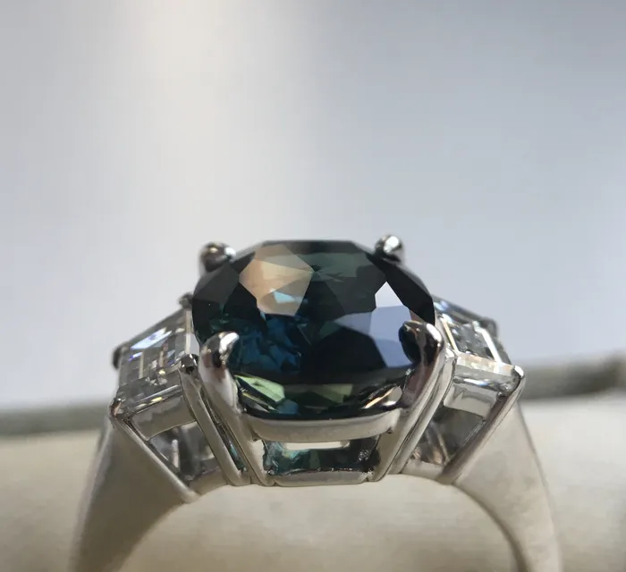Anueva Jewelry Rings 441ct Teal Crown Jubilee Cut Cushion Sapphire and Diamond Three Stone Ring