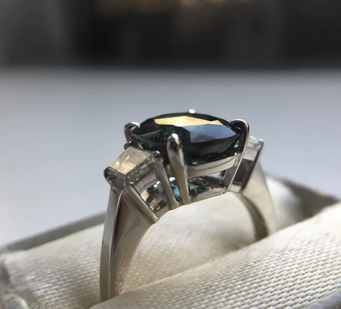 Anueva Jewelry Rings 441ct Teal Crown Jubilee Cut Cushion Sapphire and Diamond Three Stone Ring