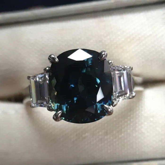 Anueva Jewelry Rings 441ct Teal Crown Jubilee Cut Cushion Sapphire and Diamond Three Stone Ring