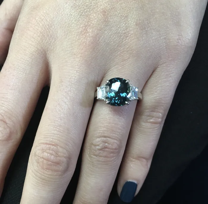 Anueva Jewelry Rings 441ct Teal Crown Jubilee Cut Cushion Sapphire and Diamond Three Stone Ring