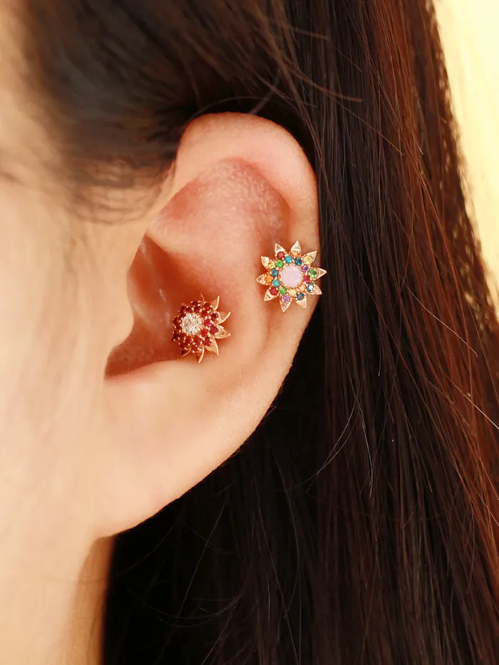 Earrings MinimalBijoux 14K Gold Colorful CZ Sunflower Cartilage Earring 18G16G
