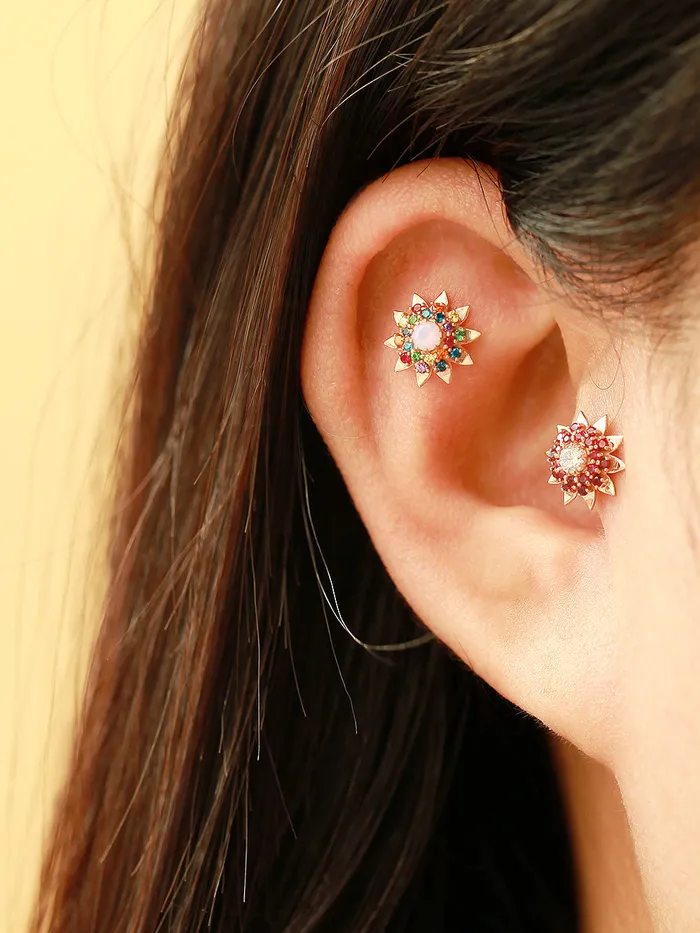 Earrings MinimalBijoux 14K Gold Colorful CZ Sunflower Cartilage Earring 18G16G