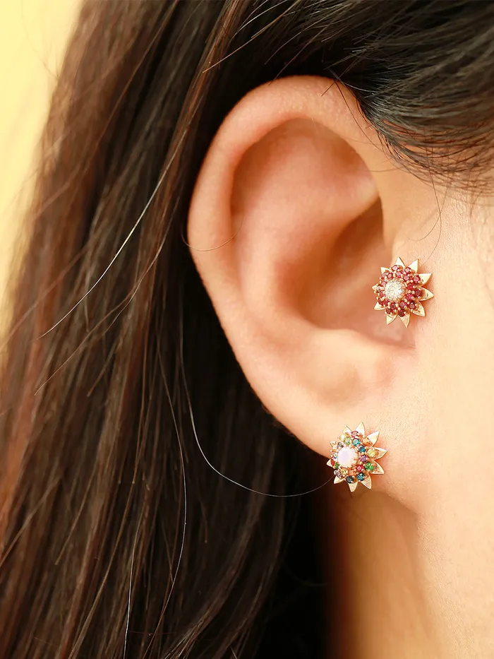 Earrings MinimalBijoux 14K Gold Colorful CZ Sunflower Cartilage Earring 18G16G
