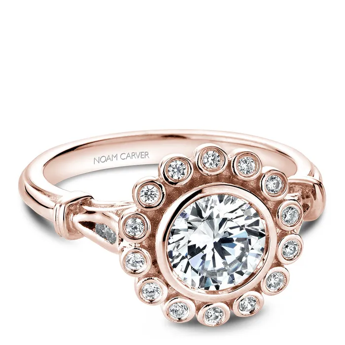Rings International Diamond Center Noam Carver Rose Gold Bezel Set Floral Halo Engagement Ring Setting with Accents 015 CTW