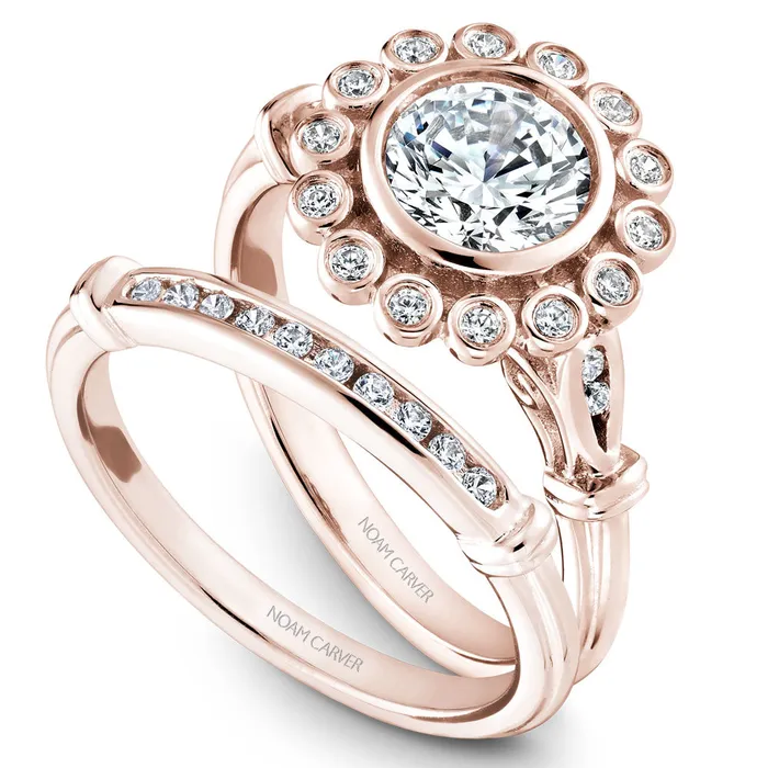 Rings International Diamond Center Noam Carver Rose Gold Bezel Set Floral Halo Engagement Ring Setting with Accents 015 CTW